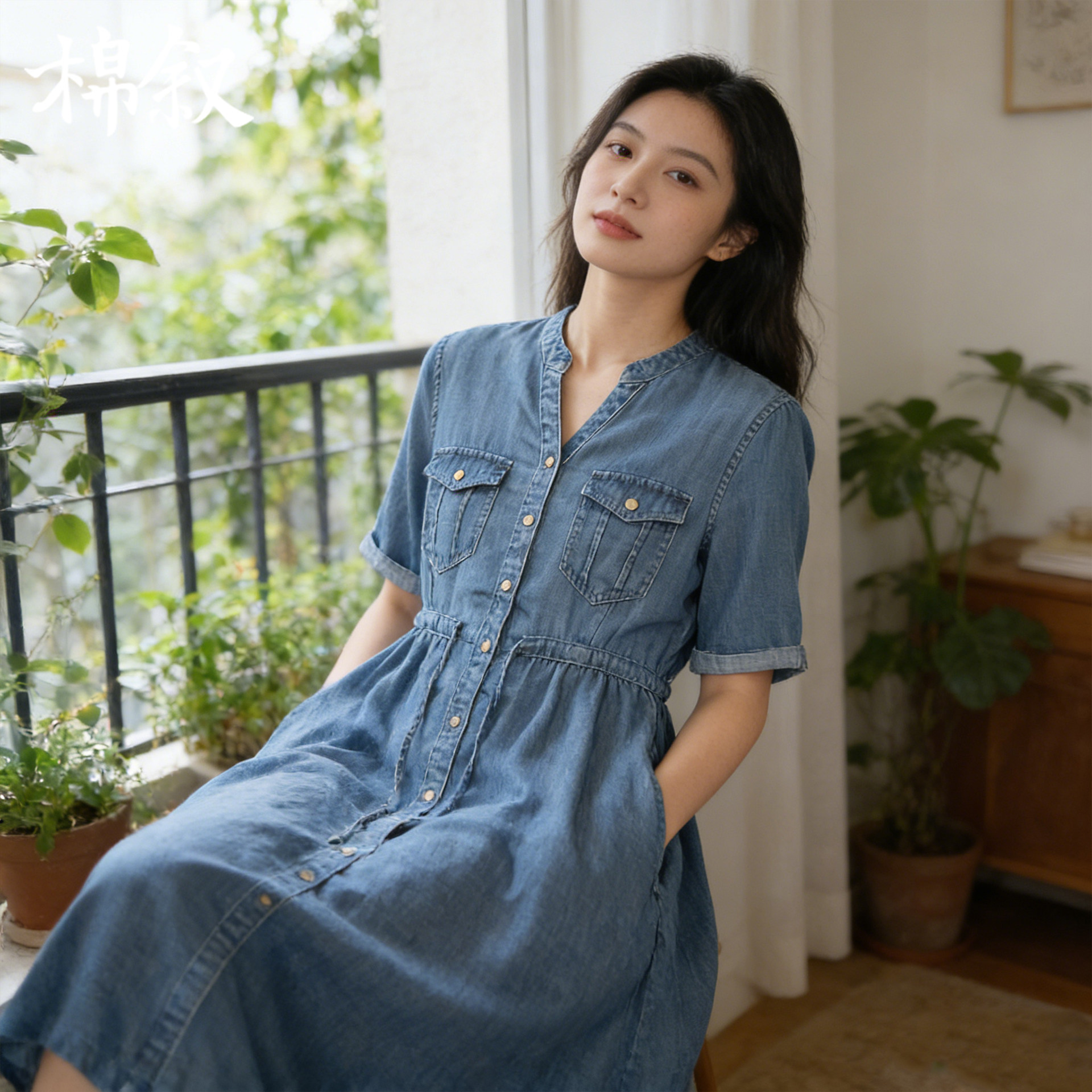 棉叙夏季天丝水洗牛仔连衣裙女装时尚休闲气质短袖裙16113