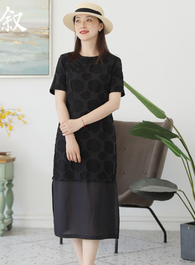 棉叙改良新中式棉麻短袖旗袍宽松复古剪花连衣裙中长款女夏24190