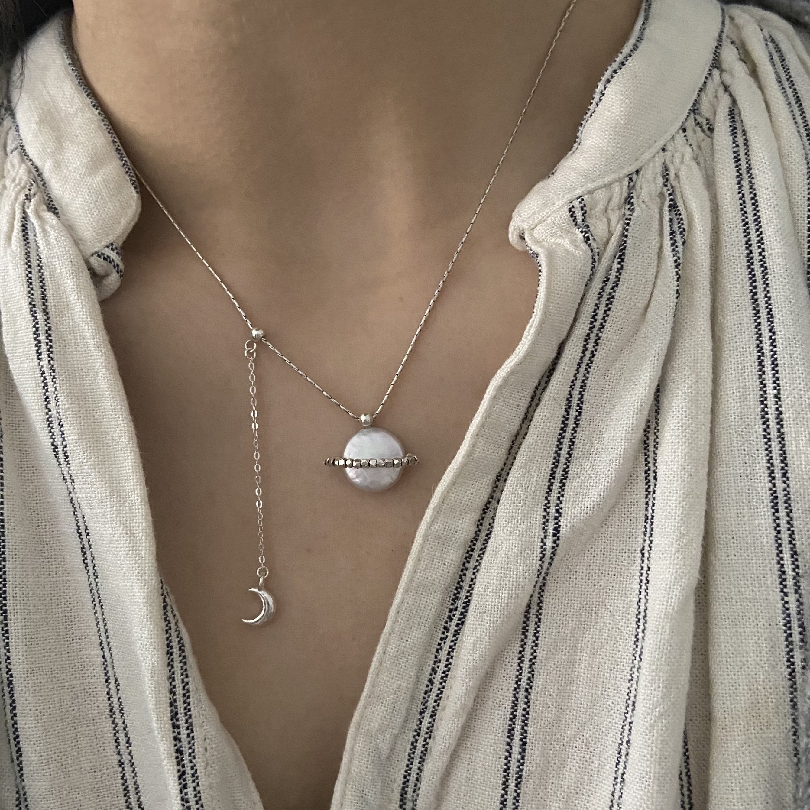 南西handmade原创小众设计925纯银土星项链天然珍珠锁骨链可调节