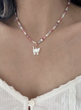 南西Handmade原创手作设计白蝶贝猫猫彩虹天然石珍珠项链送礼物