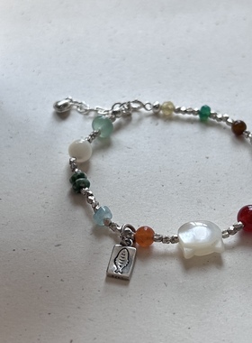 南西Handmade原创手工设计白蝶贝猫新中式天然石925纯银串珠手链