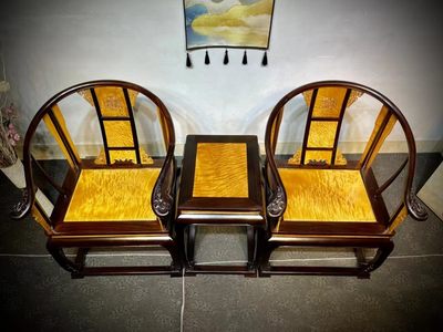 名贵金丝楠木大叶楠木黑檀木组合皇宫椅三件套水波纹实木新中式椅