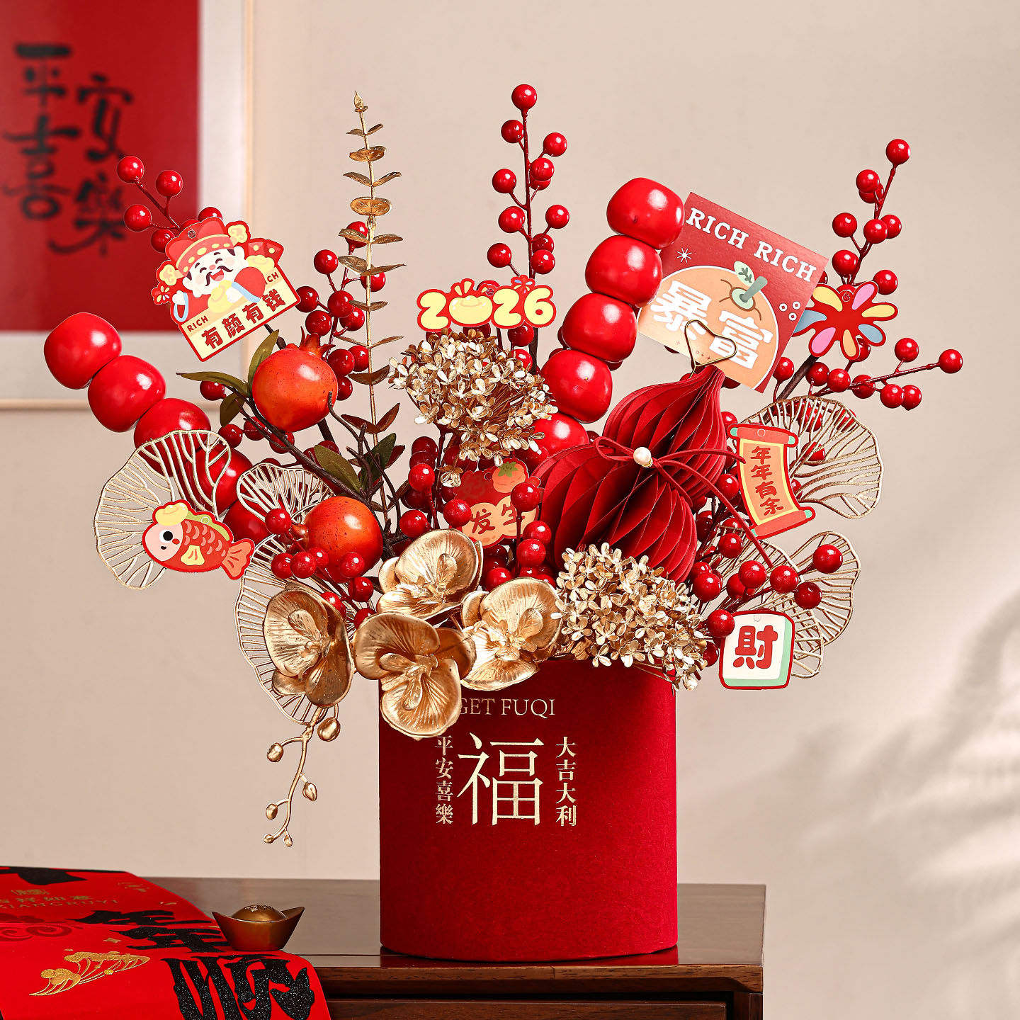 发财果抱抱桶红果摆件新年乔迁装饰布置客厅年宵花过年福桶仿真花,家居饰品,装饰摆件,淘宝优惠券,粉丝福利购,淘宝优惠卷