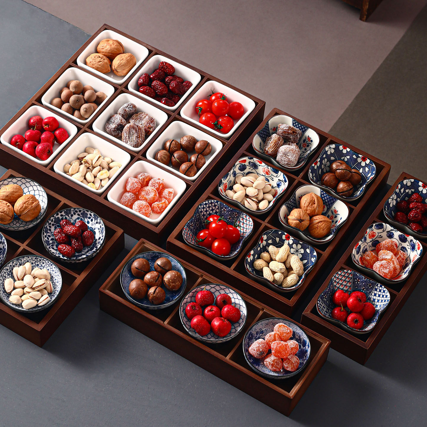 新中式桌面干果盘托盘家用客厅茶几糖果盒零食摆放茶点心实木分格