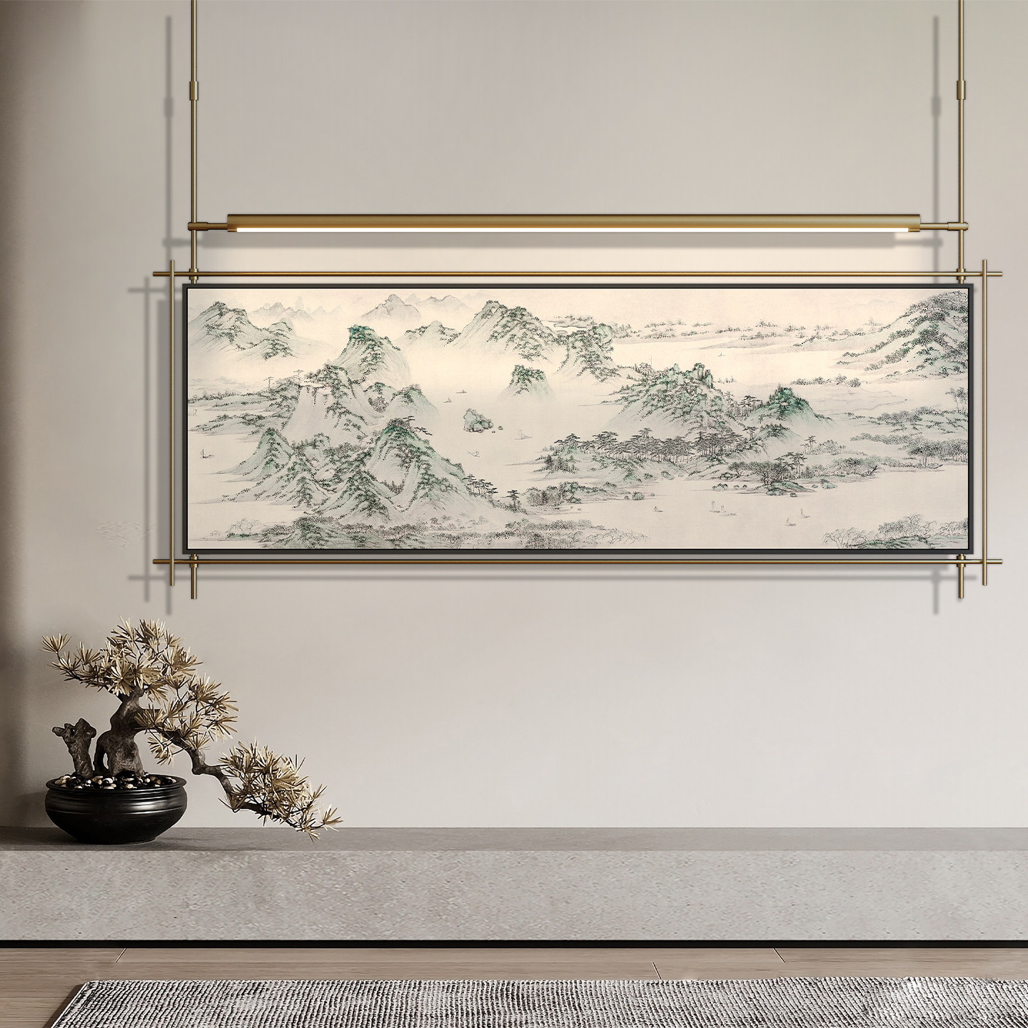 高端鎏金彩雕装饰画酒店别墅餐厅会所定制金属吊杆画壁灯金箔挂画