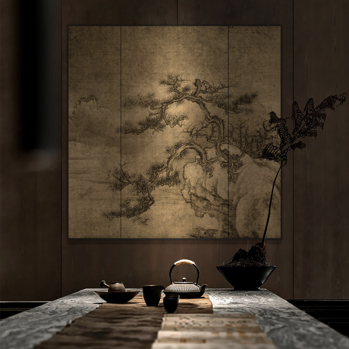 新中式玄关装饰画茶室背景墙挂画书房古典国画横幅壁画山水画挂画