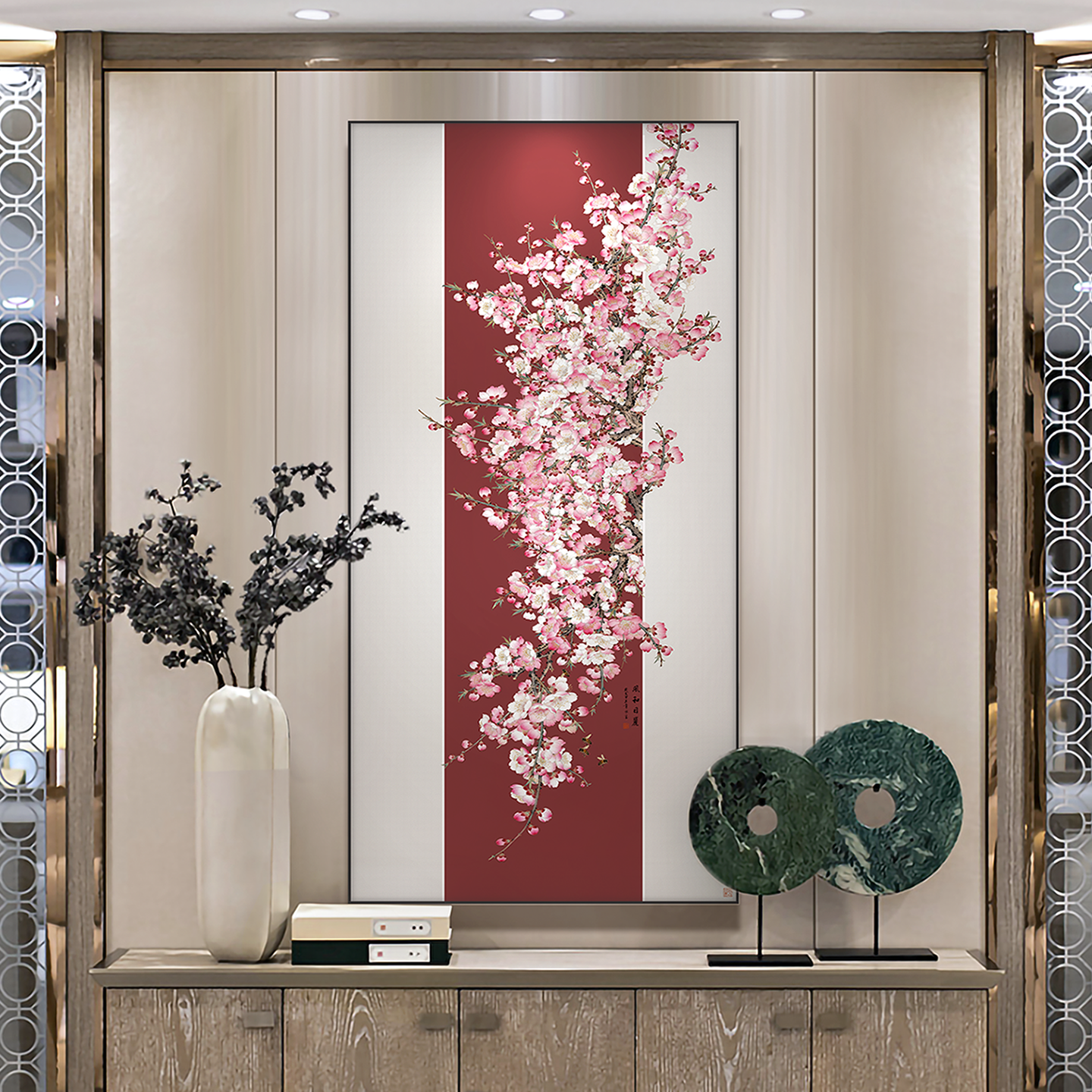 新中式客厅装饰画背景墙装饰竖版桃花国风走廊高端入户玄关挂画