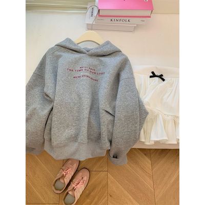 加绒加厚灰色正肩套头长袖卫衣女小个子宽松连帽衫韩系慵懒风秋冬
