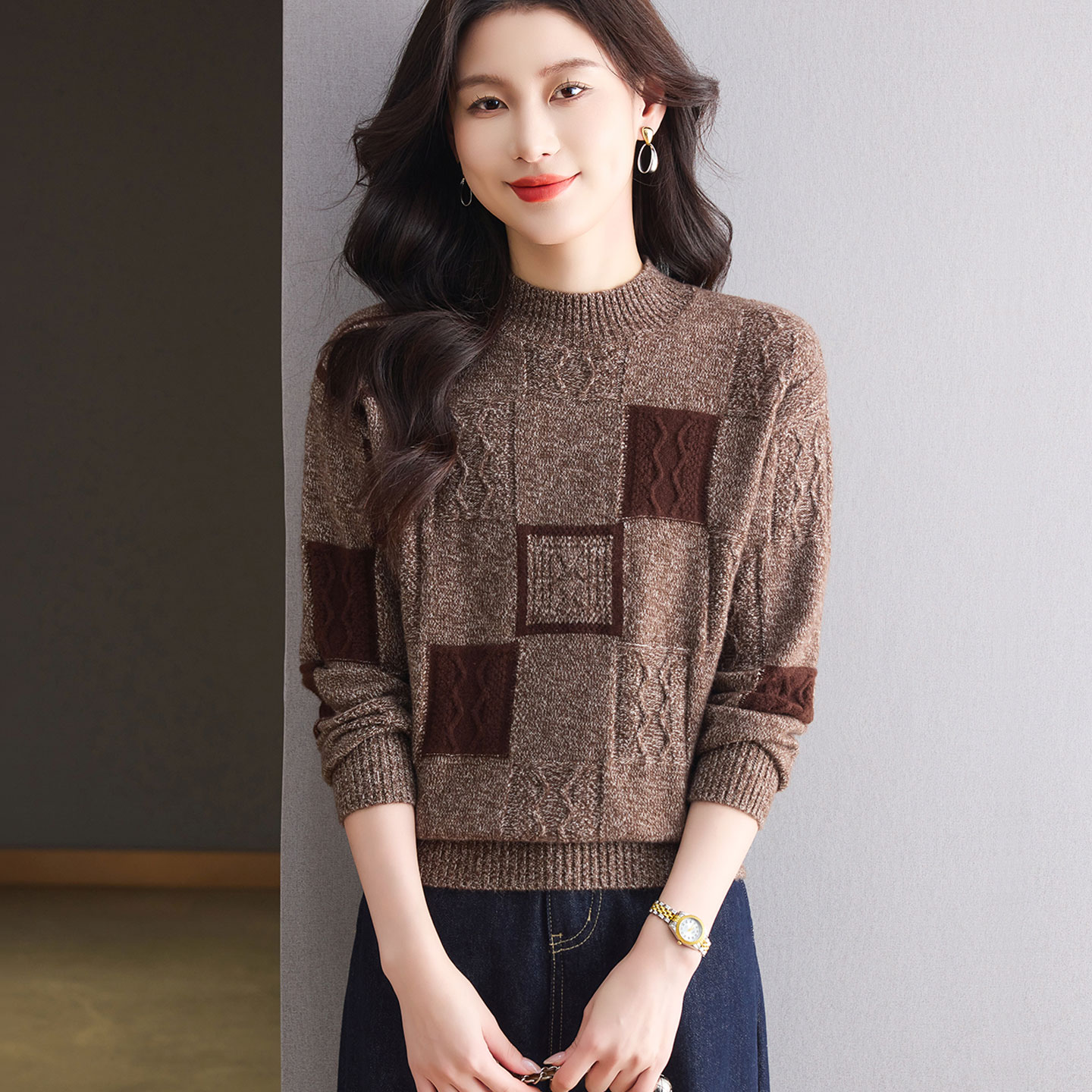 拼色半高领羊毛针织衫女士毛衣