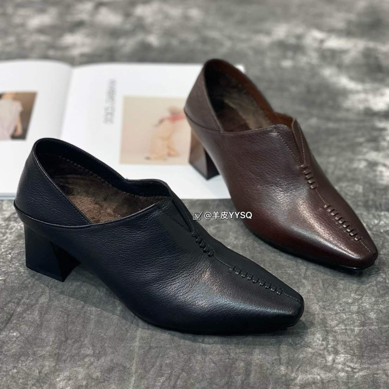 烟雨诗情2025冬季新款舒适牛皮真皮粗跟高跟鞋女一脚蹬棉鞋女皮鞋