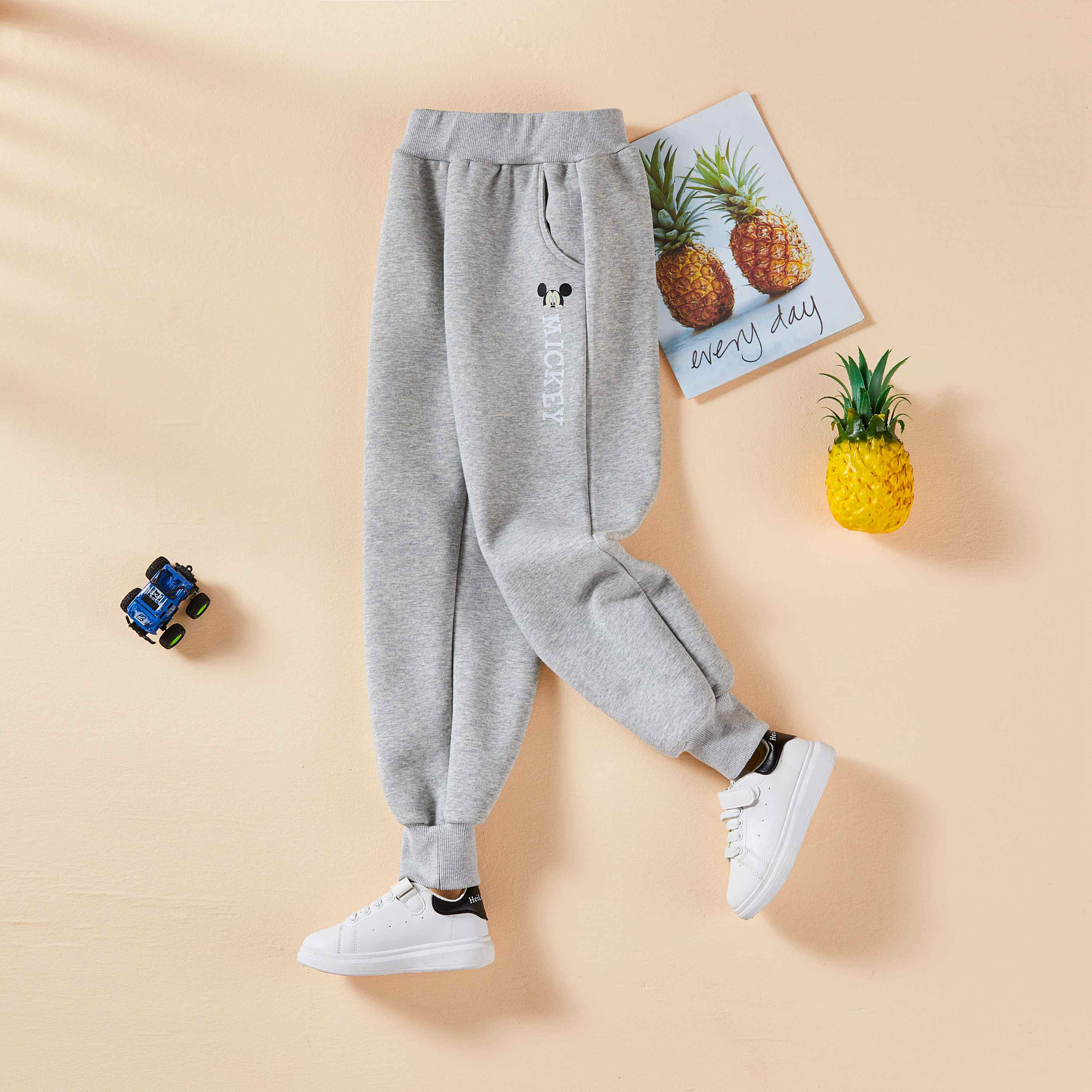 迪士尼儿童裤子春秋款男童米奇加绒长裤潮酷中大童帅气有型运动裤