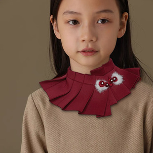 亲子圣诞新年红厚实褶皱国风盘扣假领子女服饰配件新中式儿童披肩