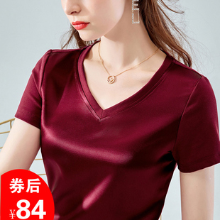 醋酸上衣女潮流韓版 t恤假領(lǐng)子女 寬松拼接緞面鎖骨v領(lǐng)短袖