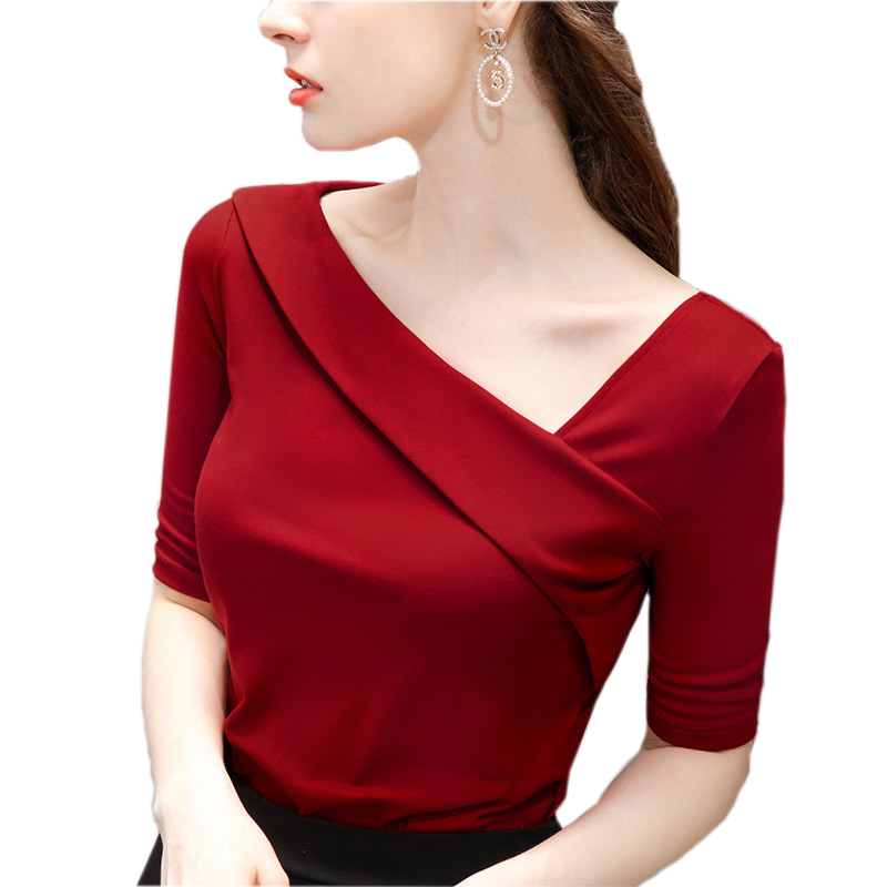 女秋棉体恤五分袖性感露锁骨小衫