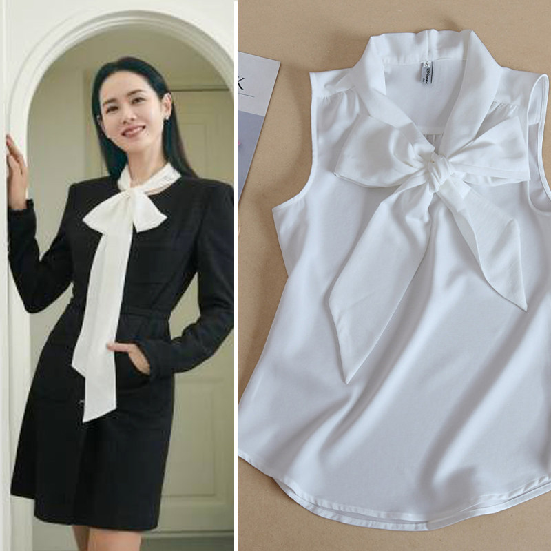 孙仙同款黑白色雪纺无袖衬衫春夏新款韩版百搭飘带装饰打底衫假领