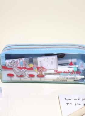 小众笔袋日系笔袋蓝色猫和老鼠双层收纳透明笔袋送奶酪挂件ins风