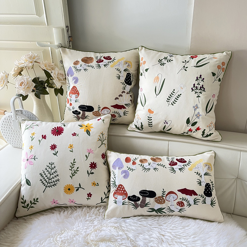 蘑菇森林花卉重工刺绣抱枕客厅沙发靠垫腰枕靠背美式小清新抱枕套