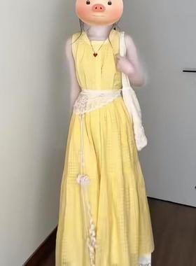 EVNSTYLE海边度假风绝美法式黄色中长款格子宽松背心连衣裙女夏