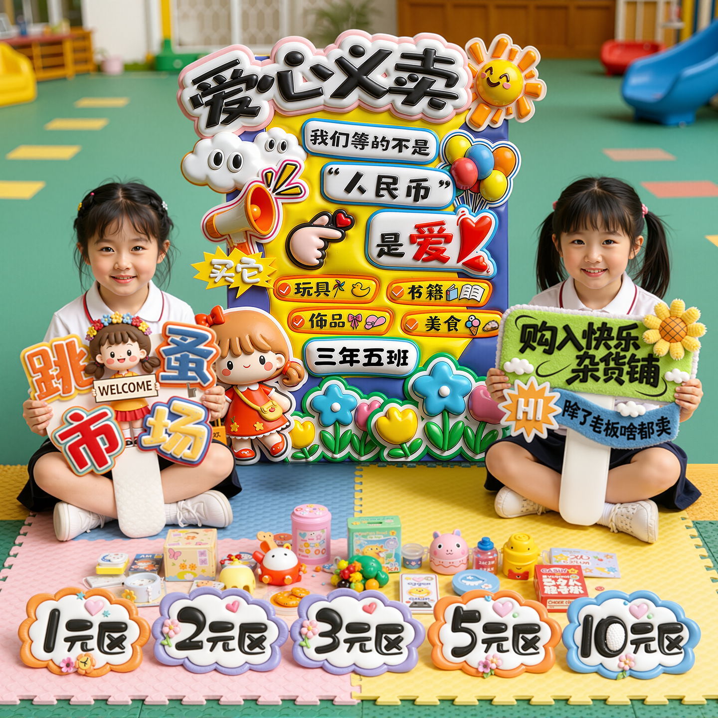 幼儿园跳蚤市场爱心集市摆摊小学生义卖摊位装饰手举牌活动道具