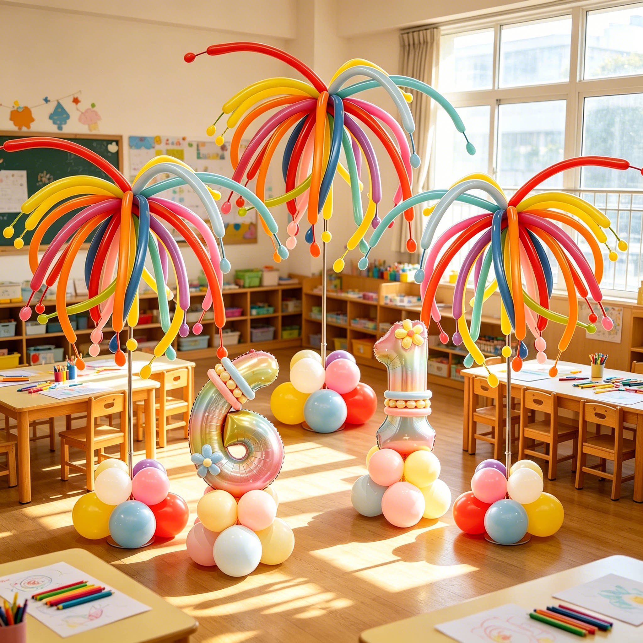 六一儿童节彩色烟花气球装饰场景布置幼儿园环创教室班级立柱摆件