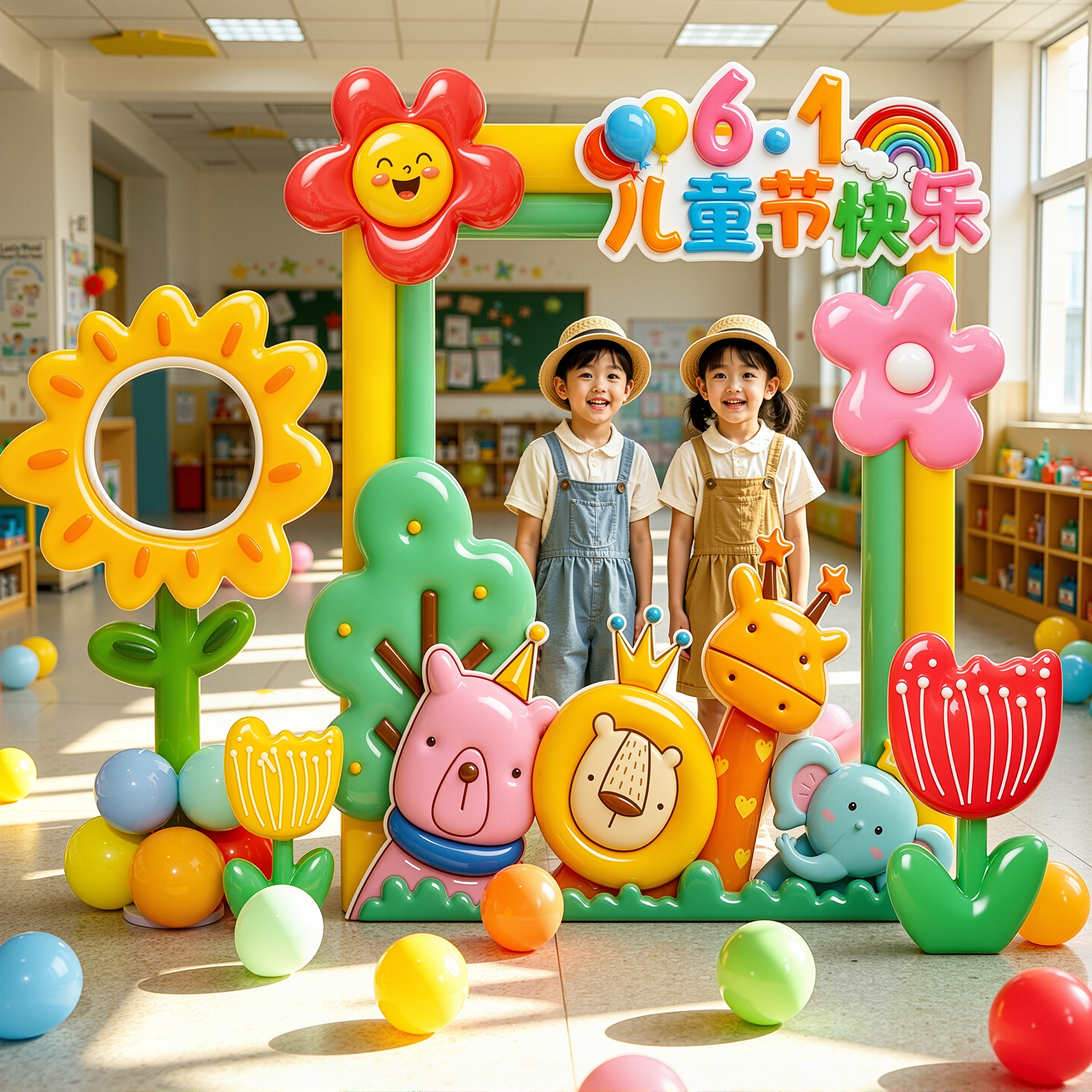 六一儿童节幼儿园活动氛围场景布置彩色气球花朵kt板拍照框道具