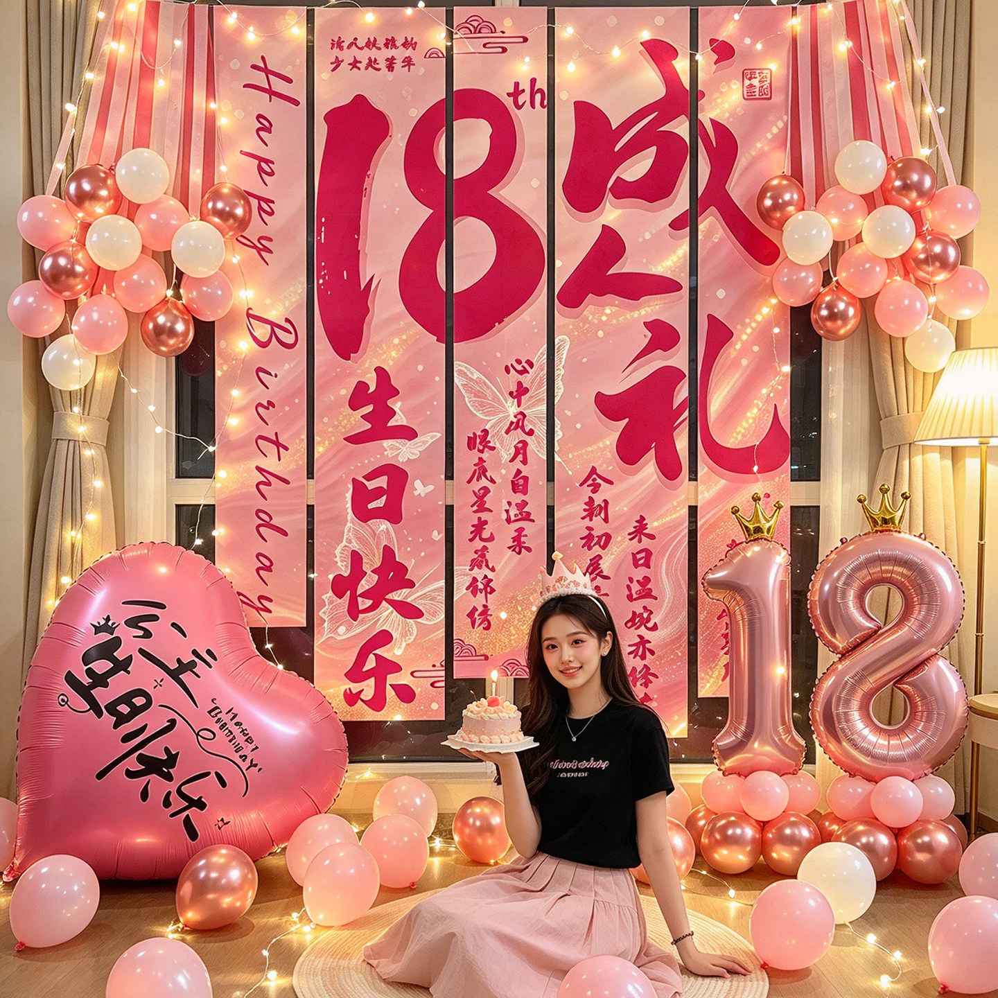女生18岁成人礼生日布置场景装饰粉色气球派对高级感氛围背景墙