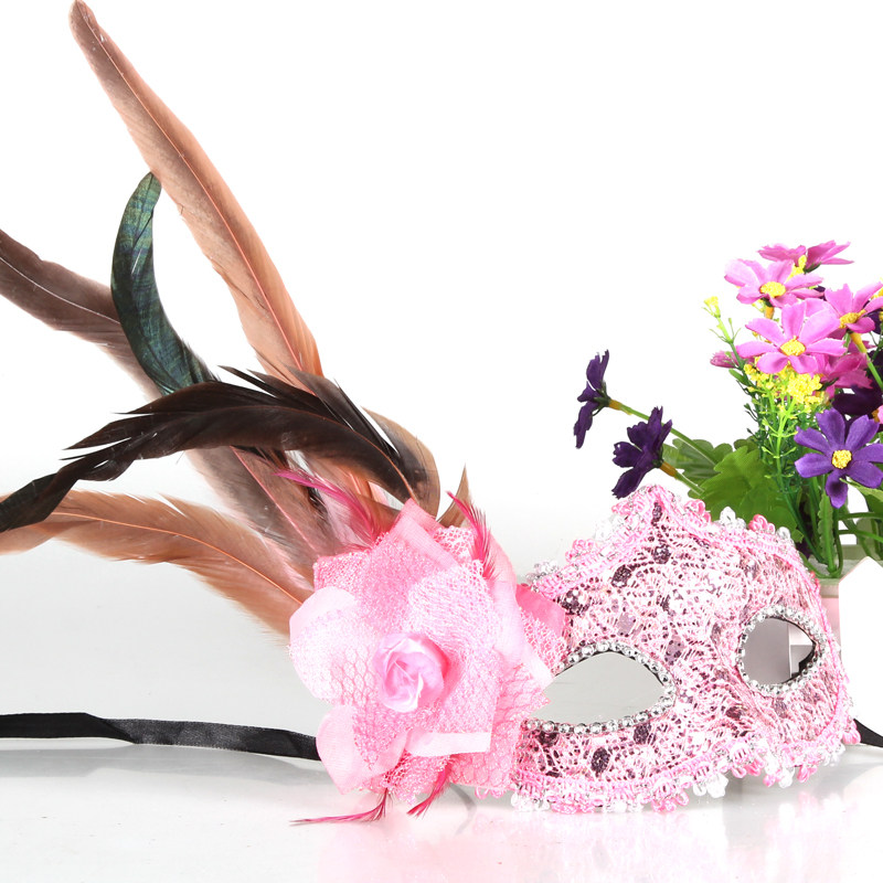 仕彩 万圣节皮革侧边长羽毛侧花面具舞会派对聚会威尼斯公主面具