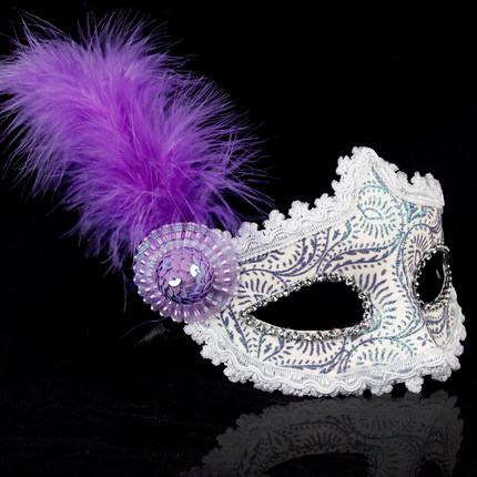 仕彩 万圣节皮革侧边长羽毛侧花面具舞会派对聚会威尼斯公主面具
