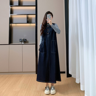 秋季 韩系复古套装 条纹上衣显瘦两件套 牛仔背心裙女2026新款 大码