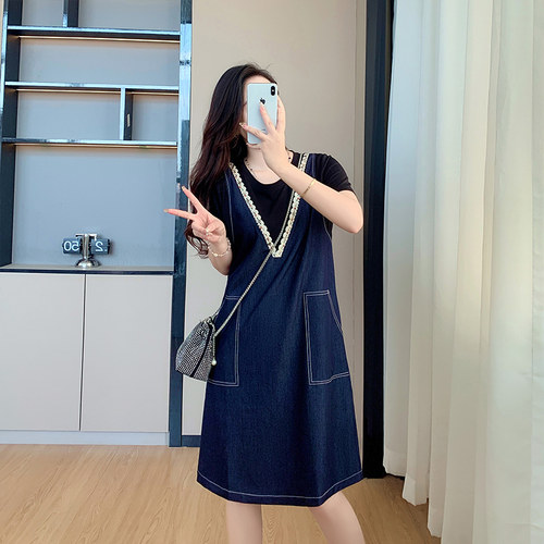 复古假两件V领背带牛仔连衣裙女
