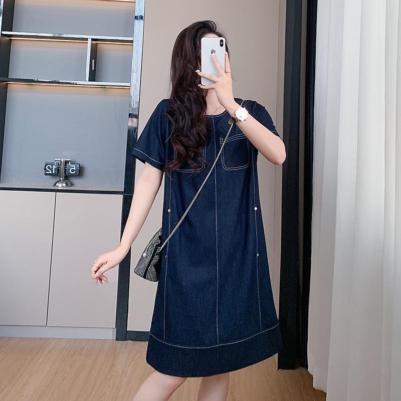 米蓮物語牛仔連衣裙女2025夏季新復(fù)古寬松洋氣減齡胖mm大碼直筒裙