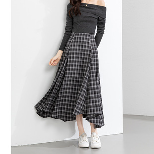 品牌正品 不规则剪裁鱼尾设计高腰A字大摆半身裙韩系少女格子长裙