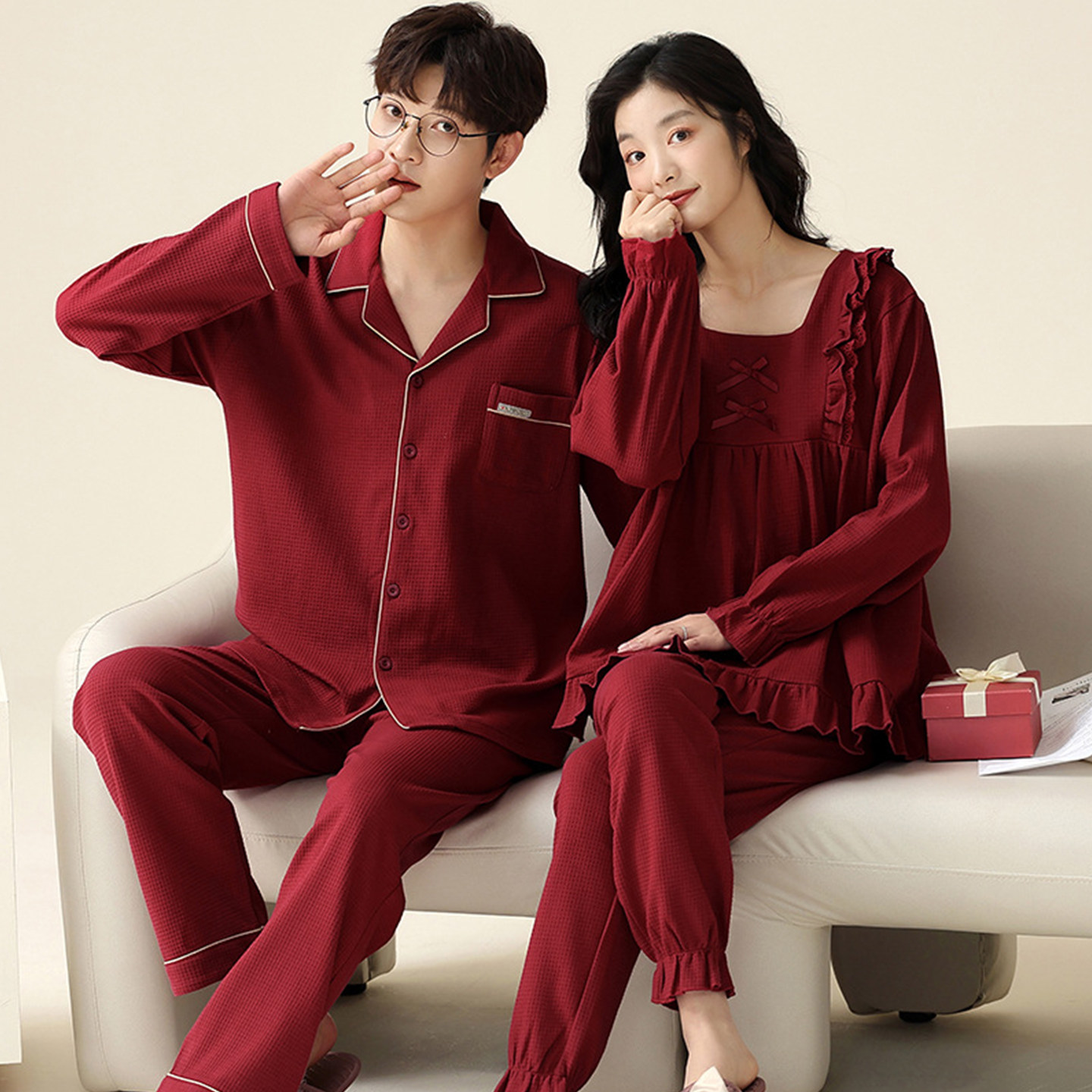 欢喜橙/情侣睡衣女士秋冬款100%纯棉红色新婚结婚男士家居服套装