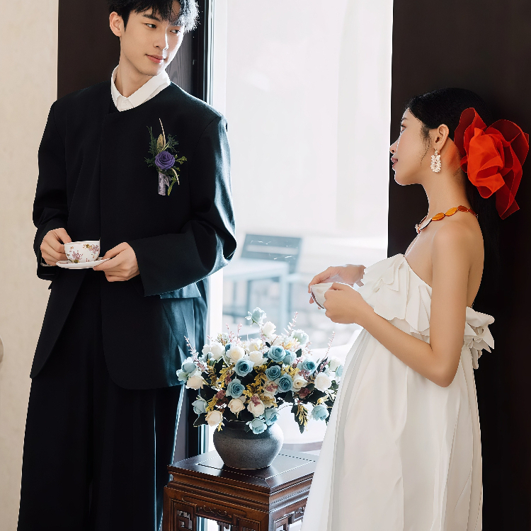 新中式男士订婚衣服套装休闲中山装结婚新郎高级国风西服外套痞帅