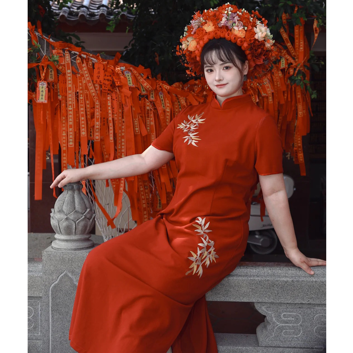 欢喜橙【宁宴】大码红色旗袍胖MM订婚宴新中式显瘦高级感刺绣竹叶
