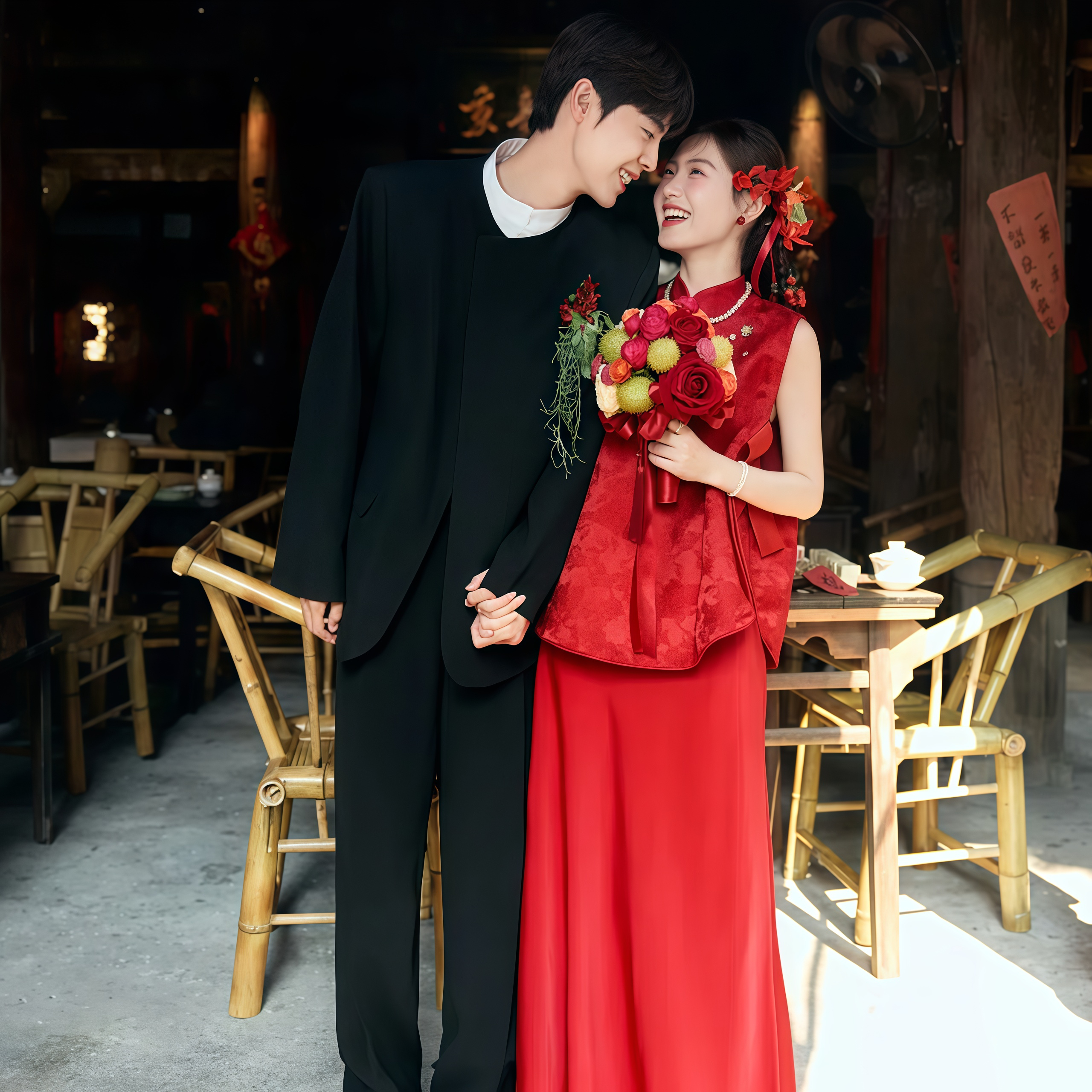 欢喜橙 秋款中式休闲正装黑色男士垫肩圆领接亲订婚结婚礼服套装