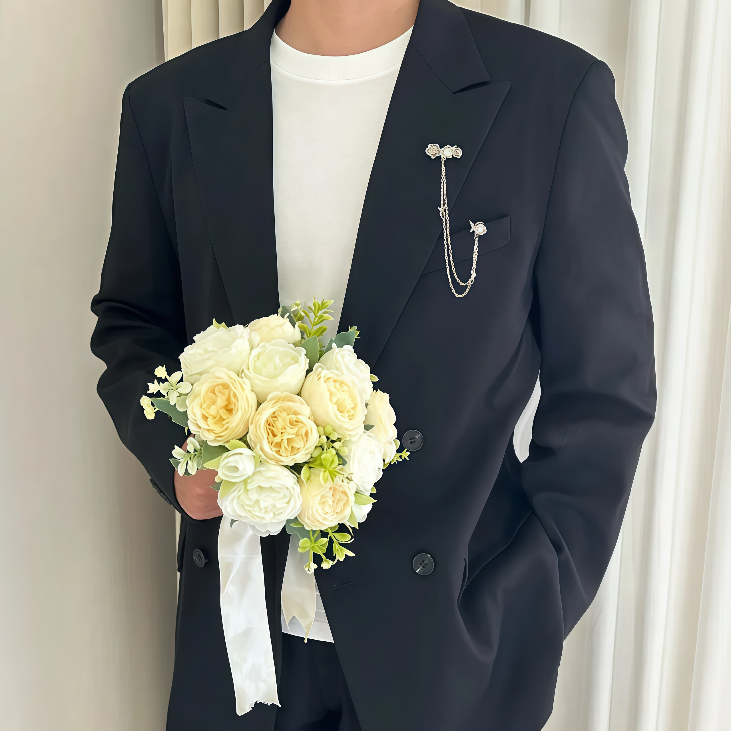 欢喜橙 高级感休闲西装套装男新郎结婚订婚衣服痞帅宽松西服外套
