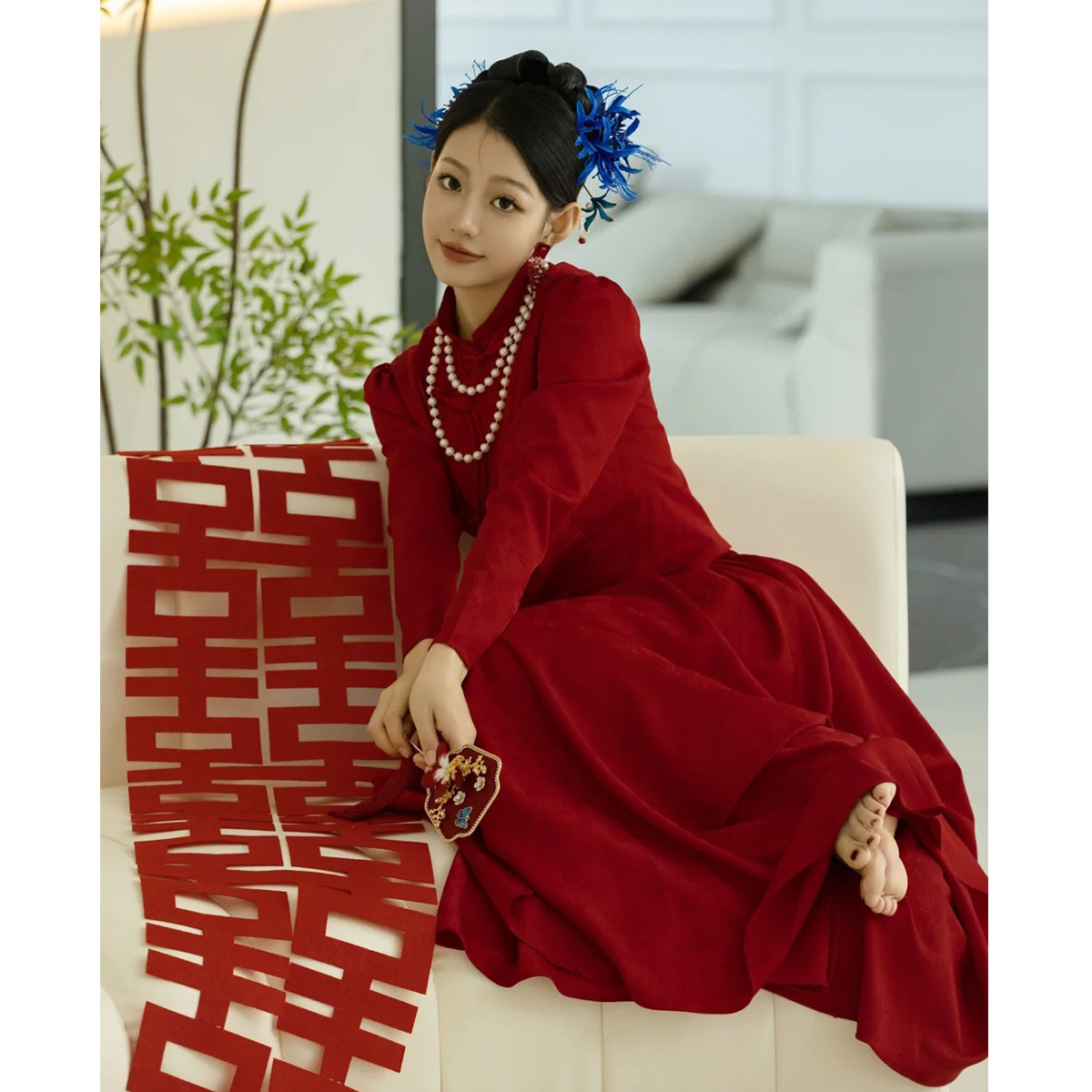 新中式国风敬酒服新娘红色改良旗袍新款秋冬季订婚礼服裙女回门服