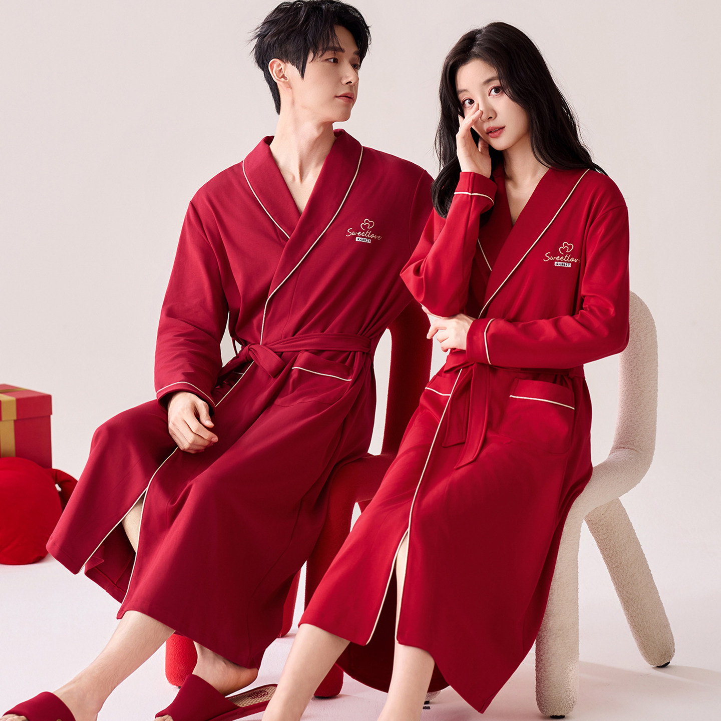 欢喜橙/情侣睡袍本命年红色纯棉长袖浴袍喜庆大红男女家居服全棉
