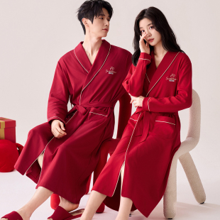 欢喜橙 浴袍喜庆大红男女家居服全棉 情侣睡袍本命年红色纯棉长袖
