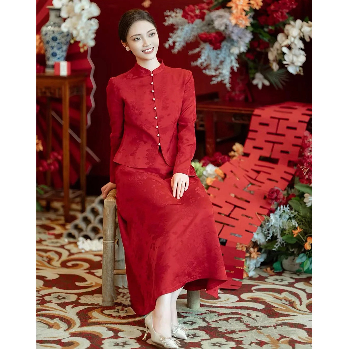 新中式高端原创敬酒服新娘订婚礼服裙轻奢红色立领连衣裙秀禾服女