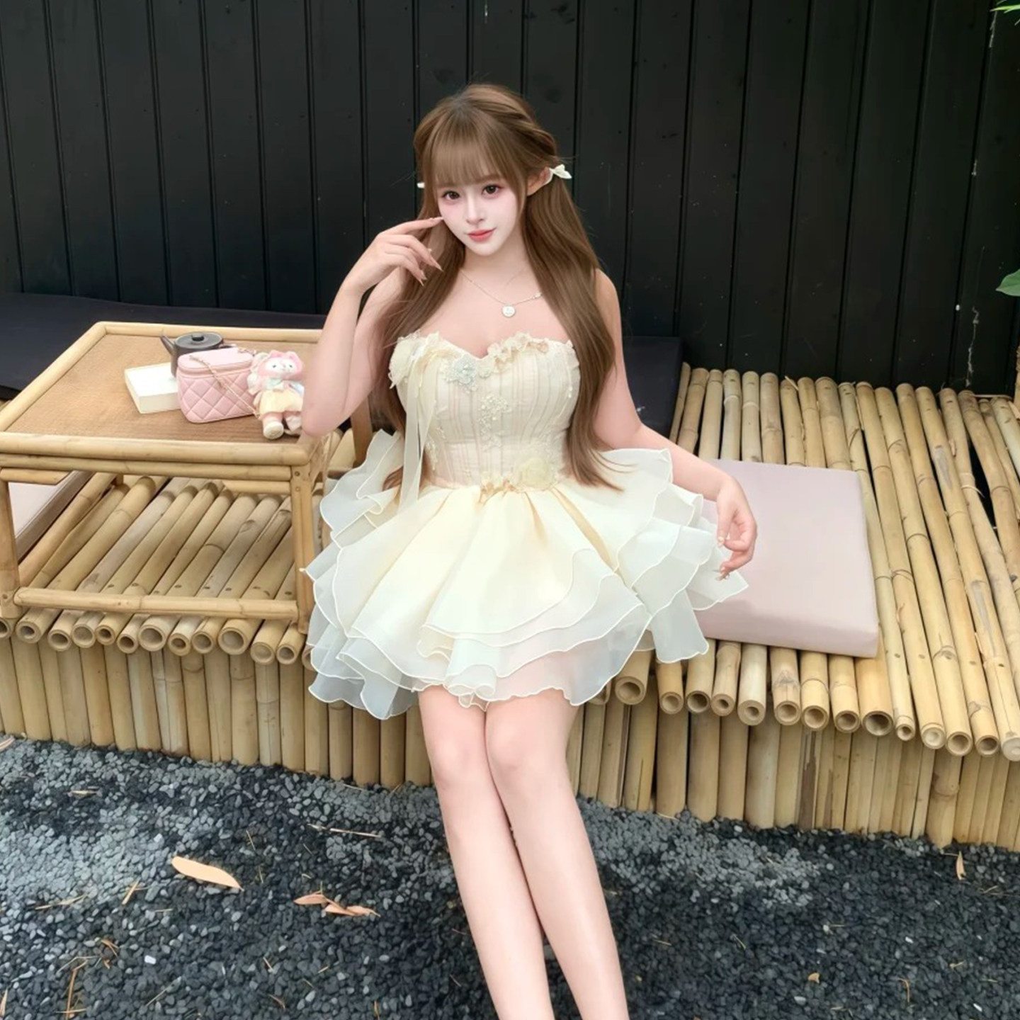 欢喜橙/氛围感甜美礼裙花朵千金裙蓬蓬裙抹胸吊带生日礼服小短裙