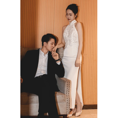 新中式晨袍女新娘婚礼晨拍礼服气质优雅旗袍白色修身连衣裙女宴会