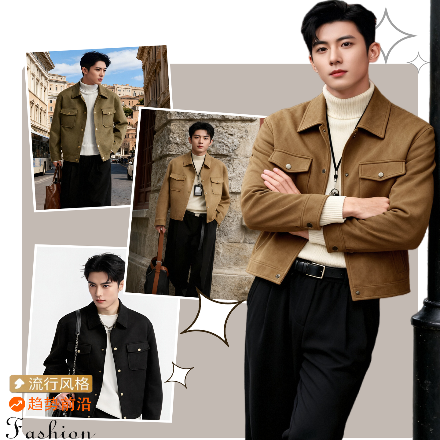 欢喜橙工装夹克秋冬季新款男士商务休闲夹克上衣时尚外套老钱风