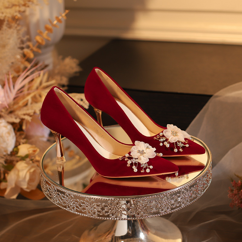 欢喜橙 中式小众红色秀禾婚鞋女新娘鞋订婚纱敬酒婚宴花朵高跟鞋