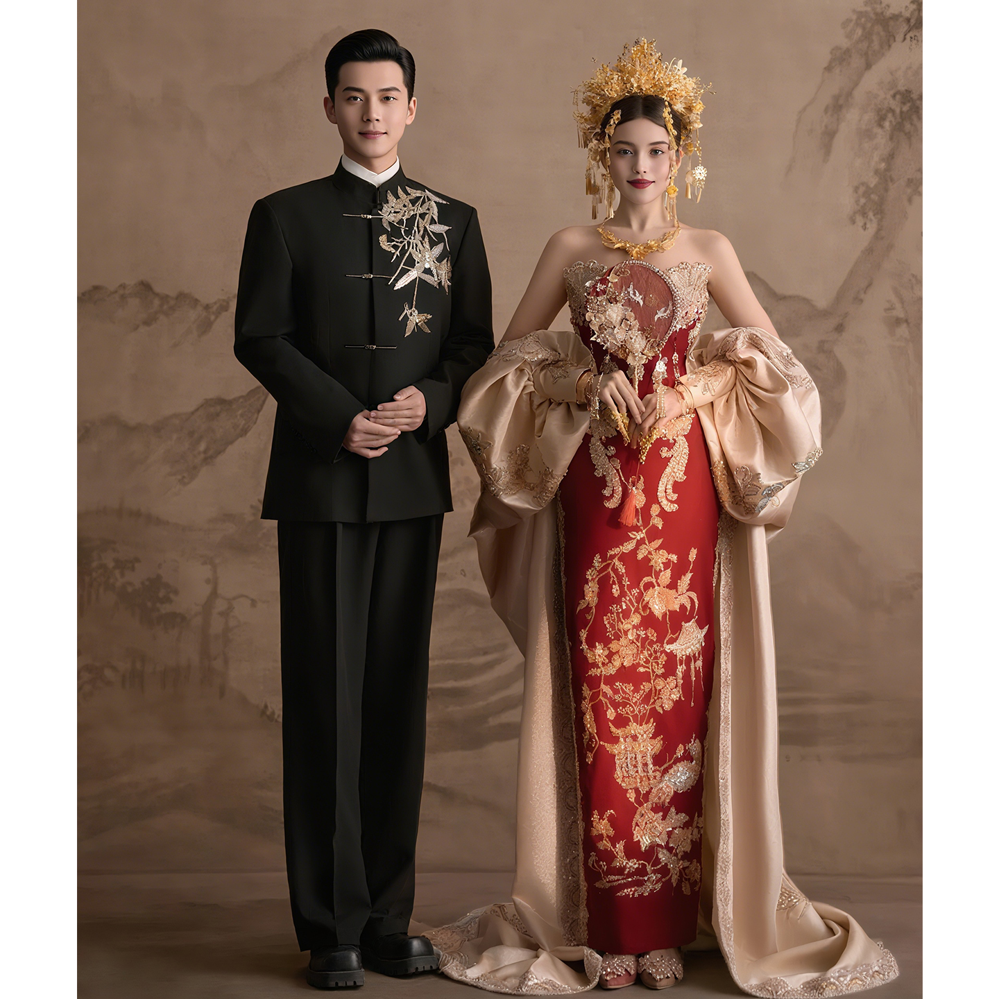 欢喜橙/中式原创设计高档立领两件套国风西服套装男新郎结婚礼服