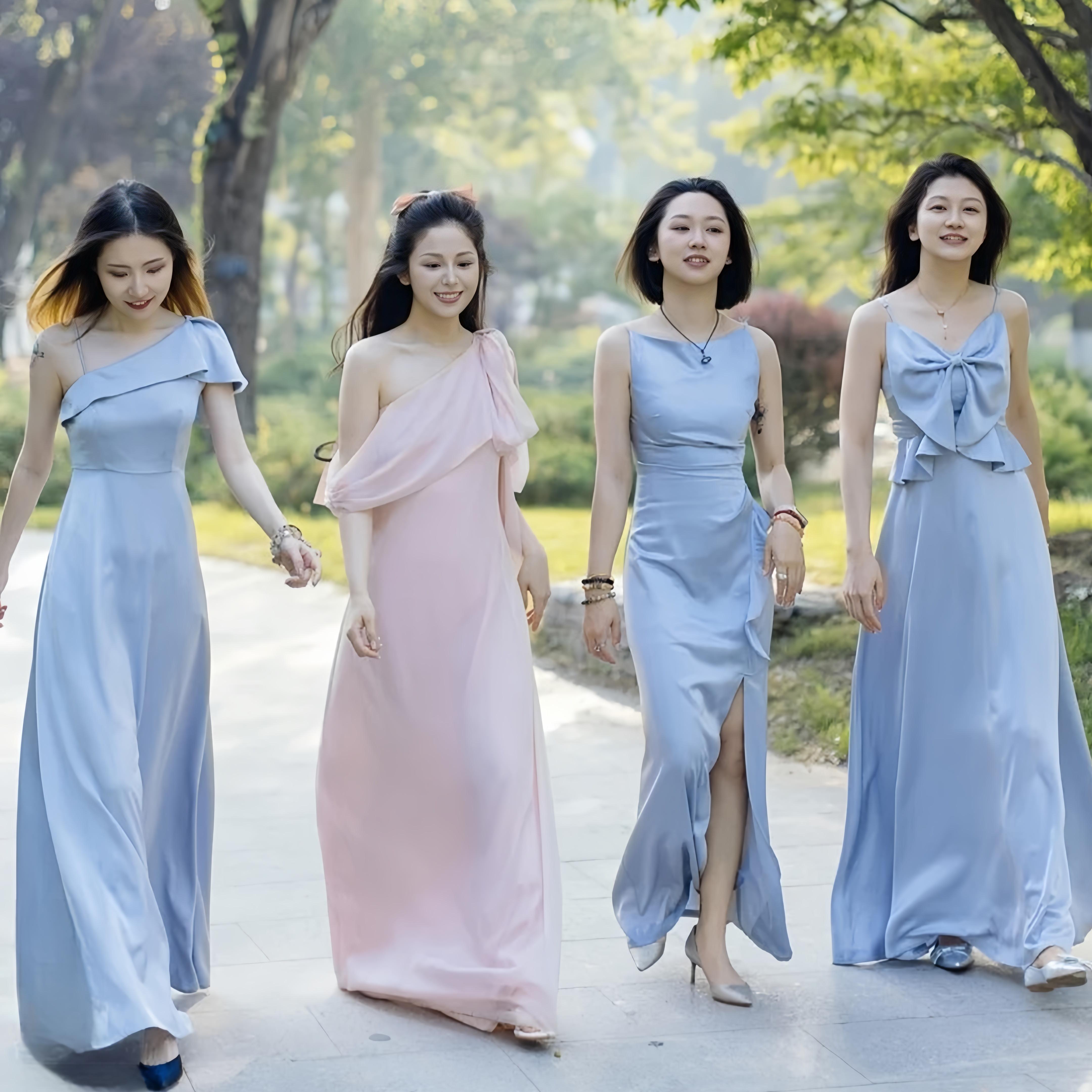 蓝色伴娘服2025新款高级感小众姐妹团平时可穿缎面晚礼服裙女夏季