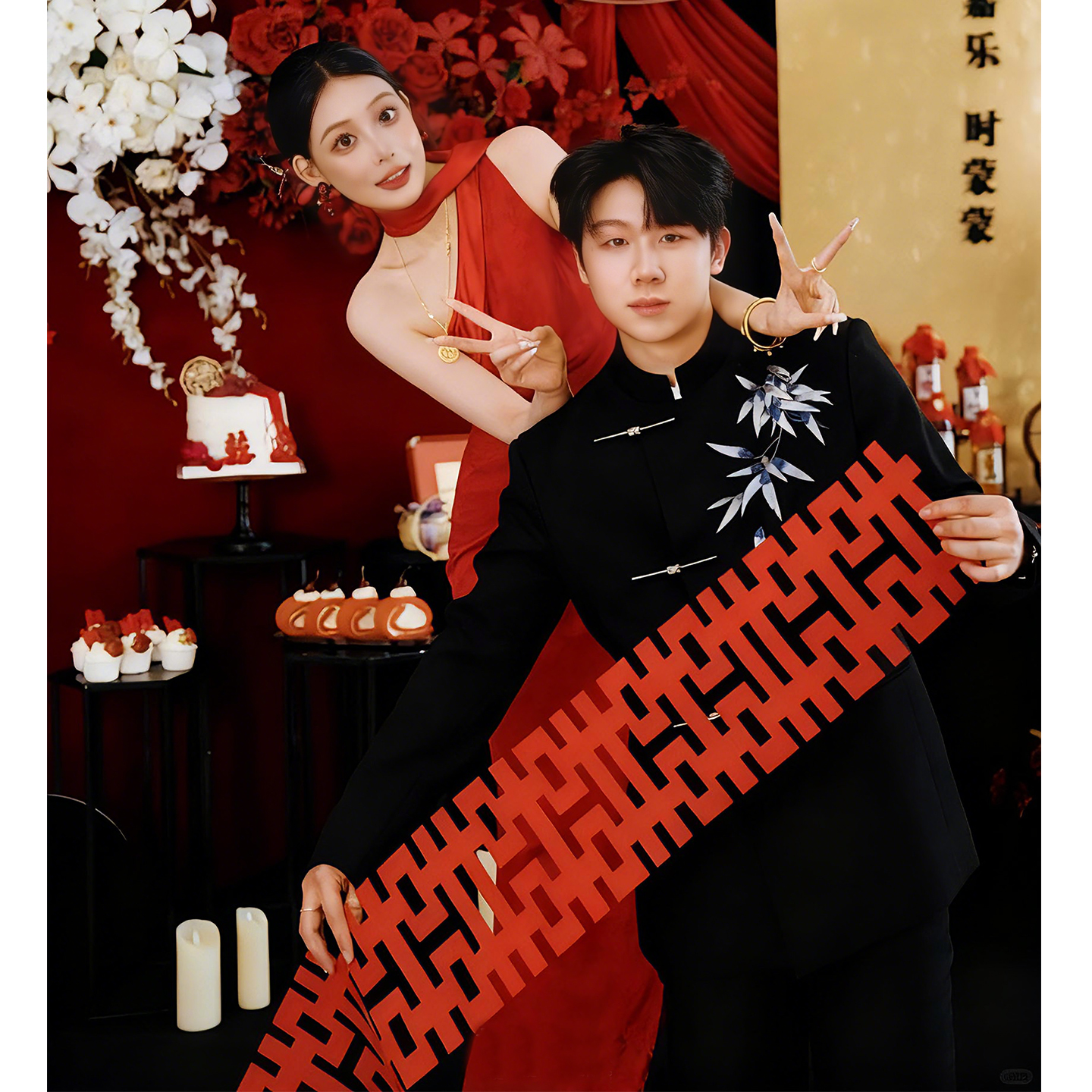 欢喜橙/新中式男士西装套装竹叶新郎订婚礼服西服国风立领中山装