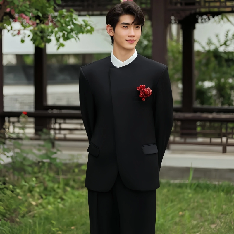 欢喜橙 新中式圆领黑色高档商务休闲男士西装新郎订婚宴结婚礼服
