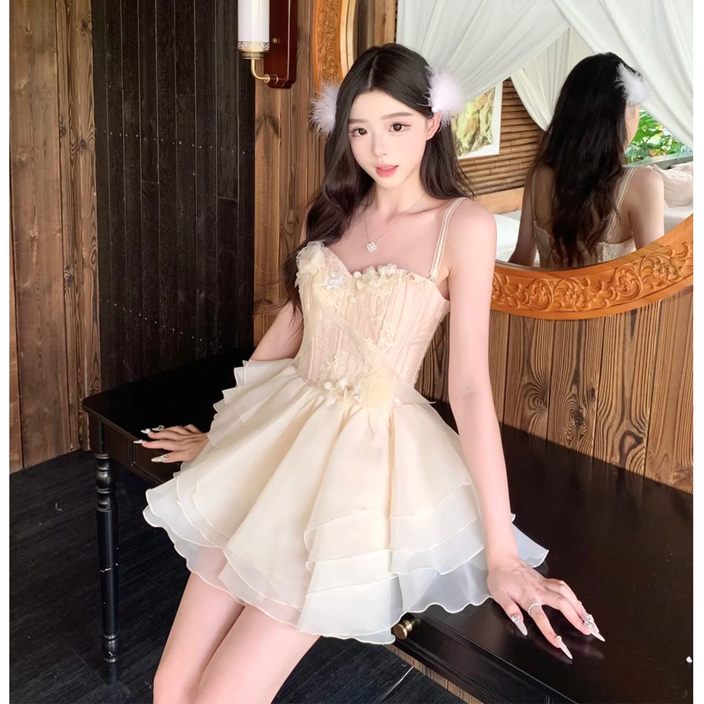 欢喜橙/越南贵气生日party小礼裙立体花朵千金裙蓬蓬裙抹胸吊带裙